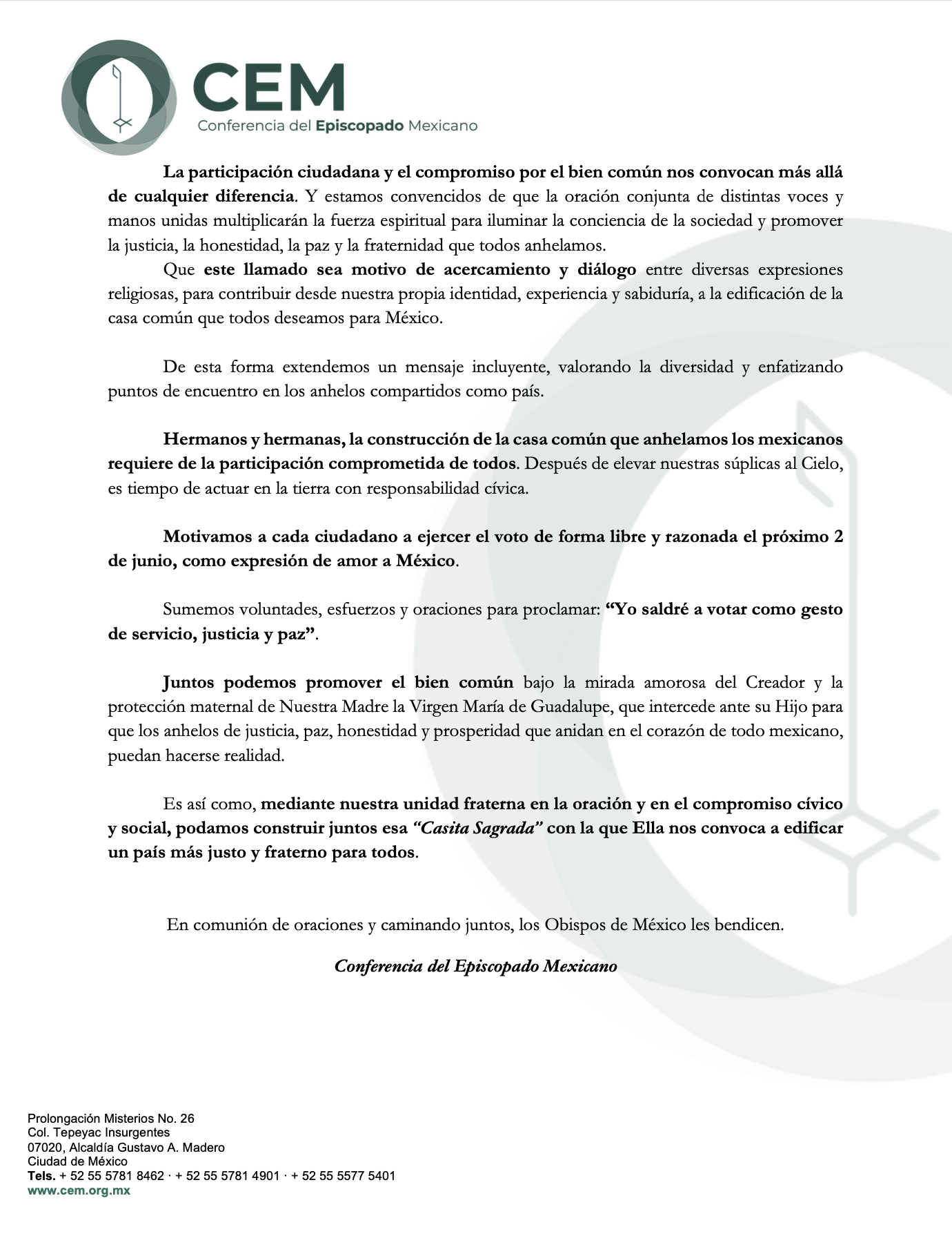 COMUNICADO UN COMPROMISO QUE TRASCIENDE LAS URNAS: LLAMADO A LA ORACIÓN PERSEVERANTE RUMBO A LAS ELECCIONES 2